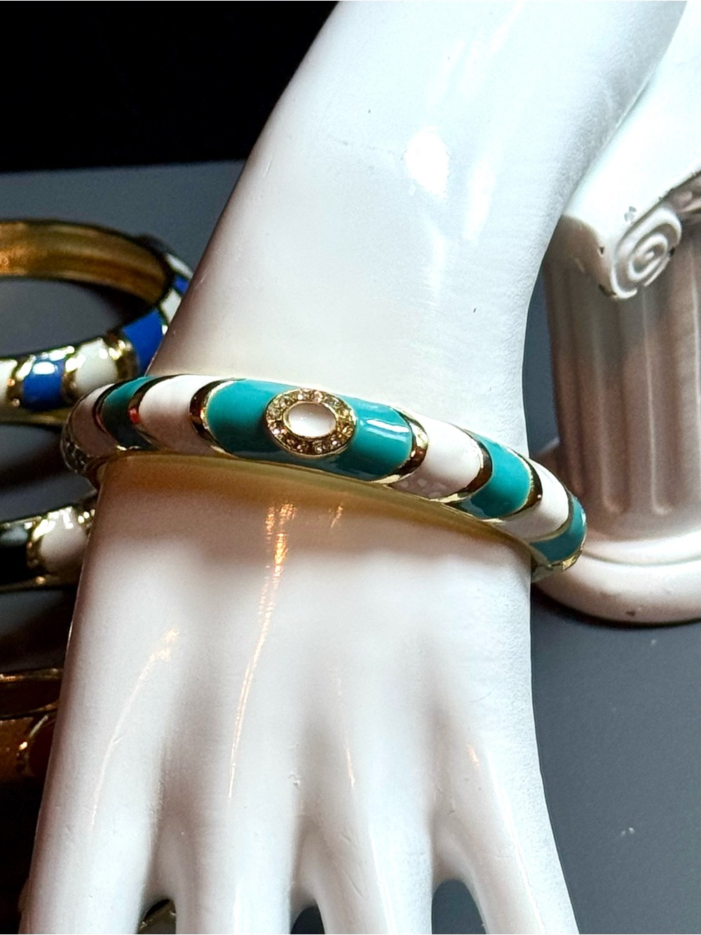 Sequin New York Jeweled Enamel Striped Hinged Bangle Bracelets NWOT Turquoise